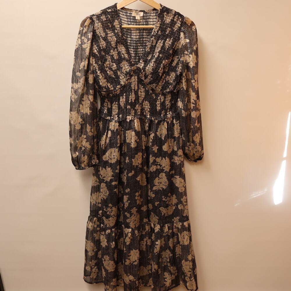 Dizzy Lizzy Dress Size Small Gray Black Cream Print Transparent Sleeves Tiered
